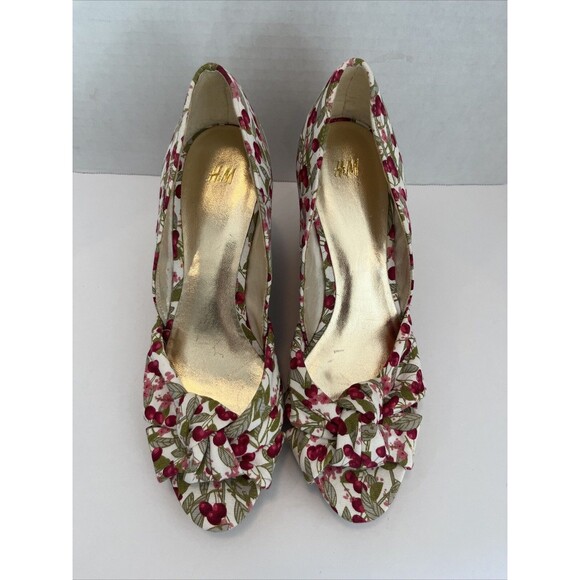 H&M Cork Wedge High Heels Canvas Cherries Peep Toe Size 8 - Picture 5 of 11